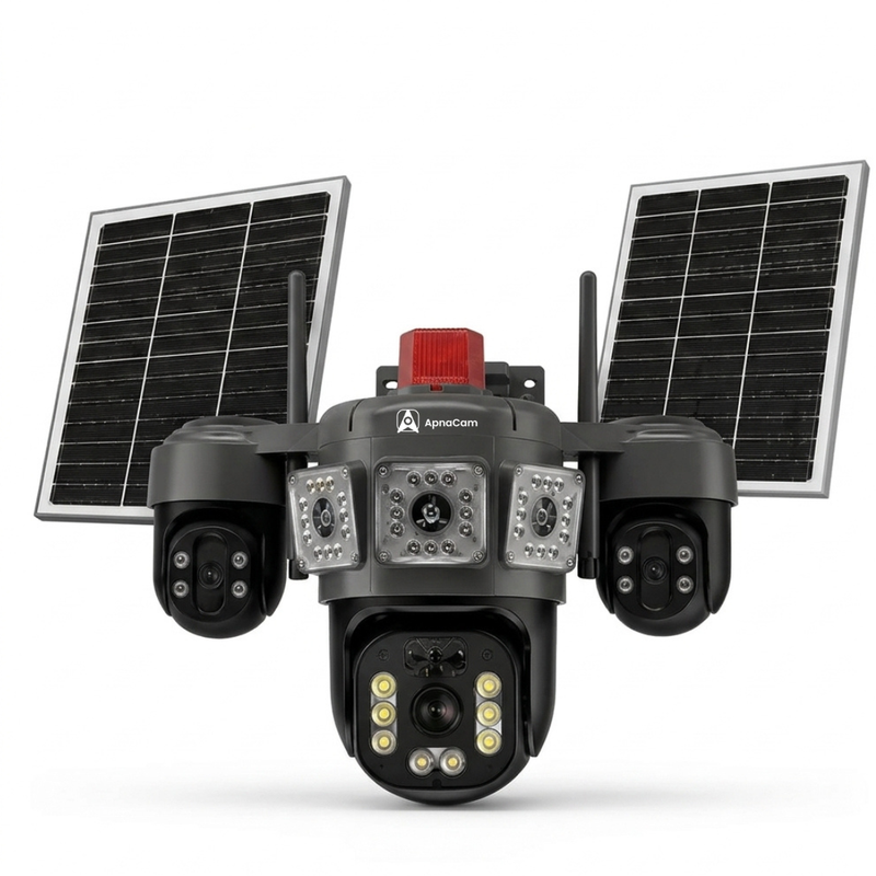 ApnaCam Brahmo Triple-Lens 8MP 4G Solar PTZ Outdoor Security Camera | Dual Solar Panel | Color Night Vision | Weatherproof | 256GB SD Support | V380 Pro App
