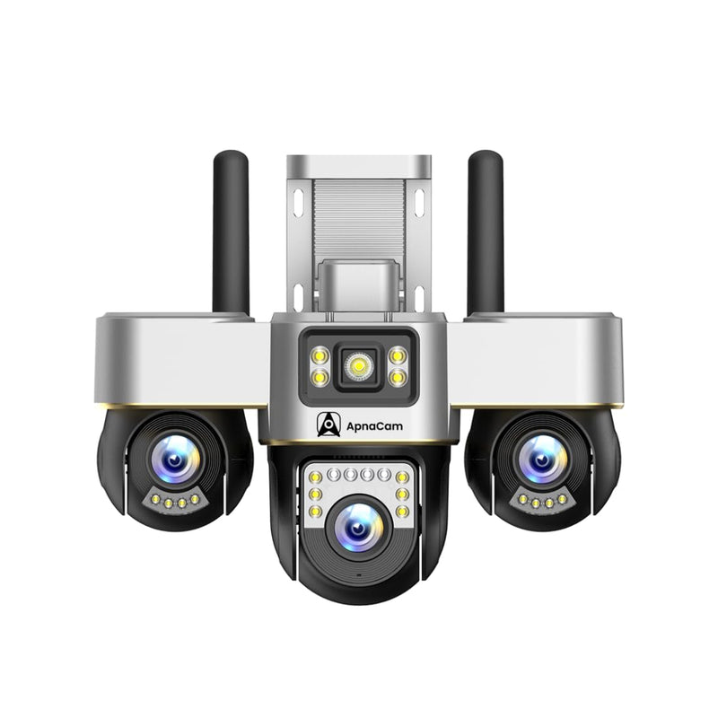 ApnaCam Triple Lens 4G PTZ CCTV Camera — 6MP Ultra HD, 3-Screen View, No WiFi, SIM-Based (Home, Shop, Farm Security)