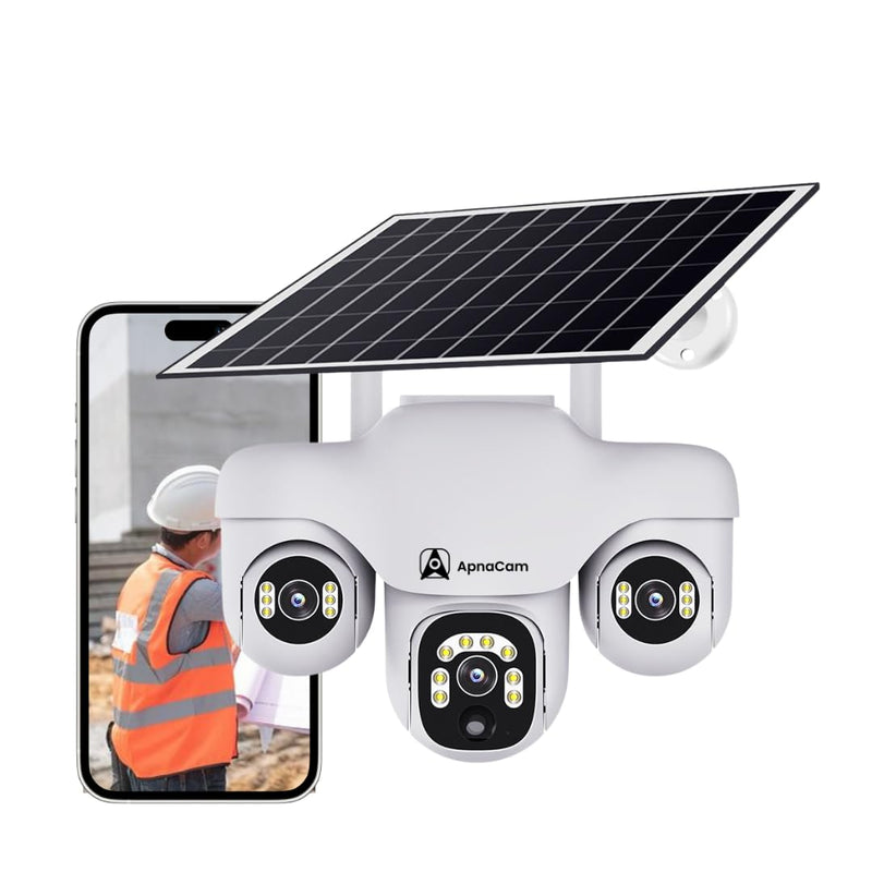 ApnaCam 6MP 4G Solar Outdoor PTZ Security Camera | Triple Lens 360° View, Night Vision, Motion Detection, Two-Way Audio, IP66 Waterproof | No WiFi, No Electricity Needed