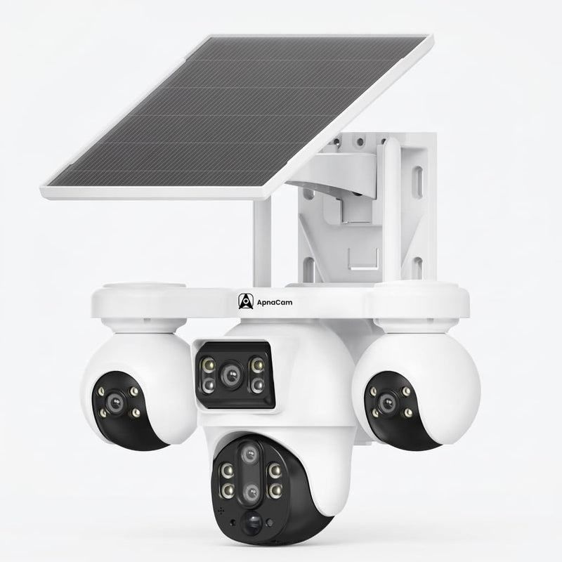 ApnaCam 5 Lens 4G Solar PTZ CCTV Camera — 12MP Per Lens, AI Auto-Tracking, Color Night Vision, Siren Alarm (No WiFi, IP66 Outdoor)