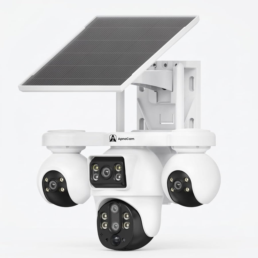 ApnaCam 4 Lens 4G Solar PTZ CCTV Camera — 12MP Per Lens, AI Auto-Tracking, Color Night Vision, Siren Alarm (No WiFi, IP66 Outdoor)