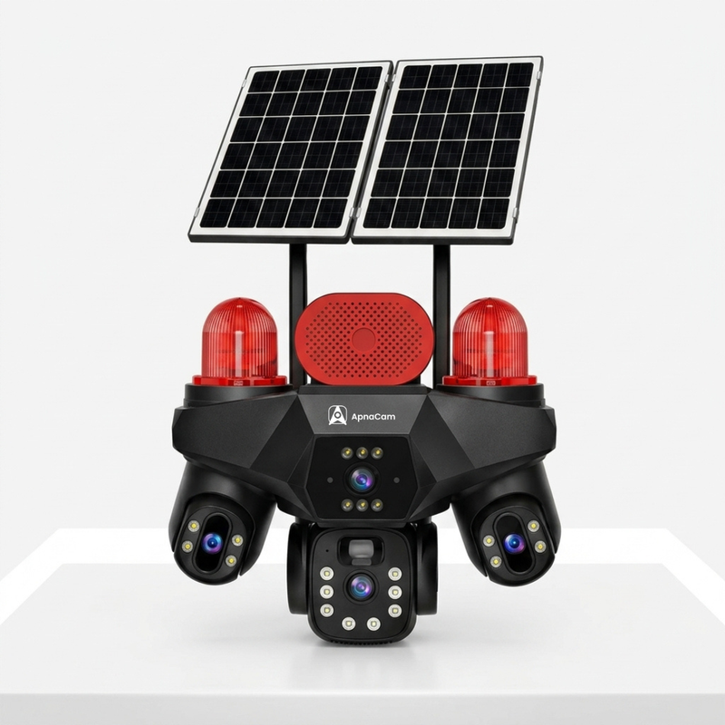 ApnaCam Robo Senti Quad-Lens 5MP 4G Solar PTZ Outdoor Security Camera | 4-Zone Coverage | Dual Solar Panel | AI Motion Detection | Color Night Vision | Weatherproof | 256GB SD