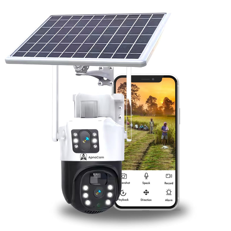 ApnaCam 5MP 4G Solar Dual Lens PTZ Camera | 7W Panel, PIR + Radar Motion, Full Color Night Vision, Two-Way Audio, IP65 Waterproof | No WiFi, No Electricity Needed