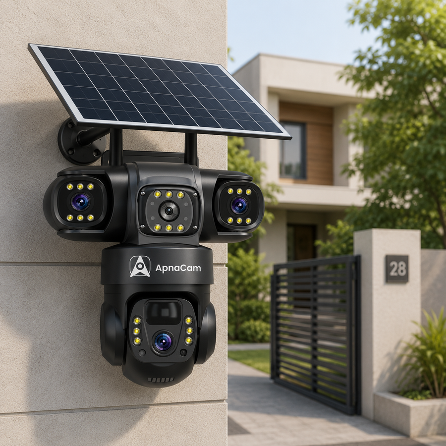ApnaCam India's First 5G Solar Triple Lens PTZ CCTV Camera — 12MP×3 Lenses, 3-Screen View, AI Tracking, Color Night Vision, IP66 (12-Month Warranty)