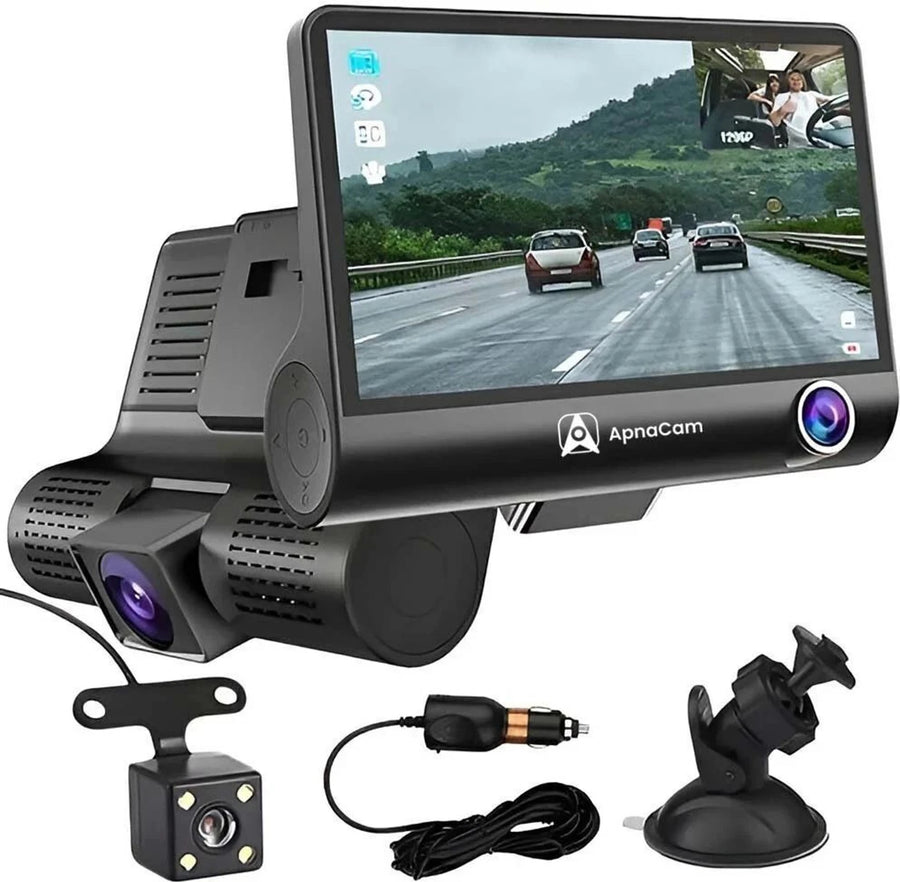 ApnaCam 3-Channel Dash Cam with Reverse Camera — Front + Cabin + Rear, 1080p FHD, 4" IPS Screen, Night Vision, G-Sensor, Loop Recording (Triple Lens Car Camera)