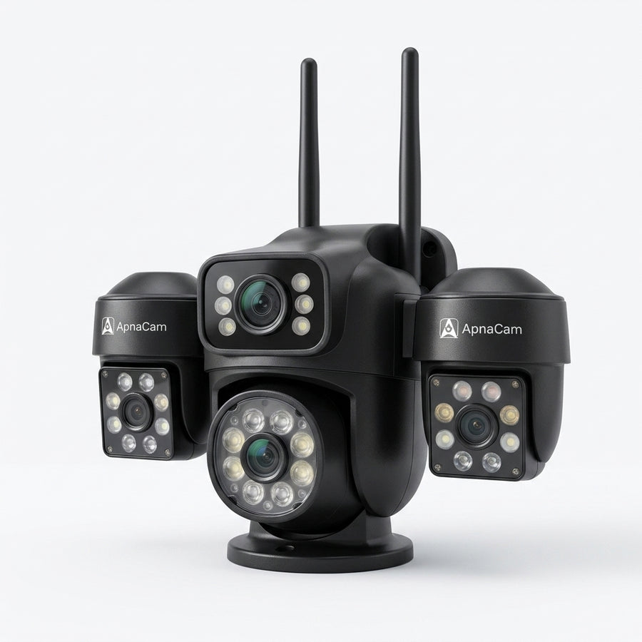 ApnaCam NexusEye Triple-Lens 5MP WiFi PTZ Security Camera | Auto Human Tracking | PIR + Radar Detection | Solar + AC + 10800mAh | Colour Night Vision | IP66 | 128GB SD