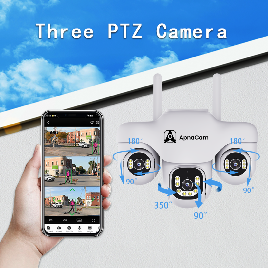 ApnaCam Marine Triple-Lens 4MP QHD WiFi PTZ Security Camera | Live Split-Screen | 3-Zone Simultaneous View | AI Human Detection | Color Night Vision | IP66 Weatherproof