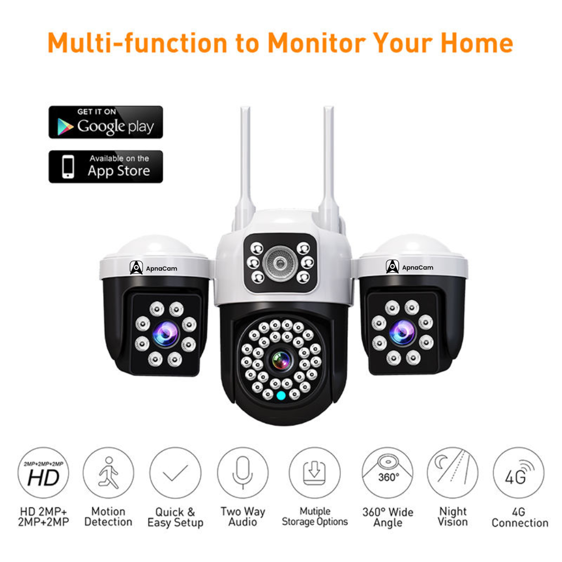 ApnaCam 4+4+4MP FHD 4G Outdoor 3-Lens PTZ, Night Vision, IP66 Weatherproof CCTV Security Camera (SD Card Support Upto 128 GB, 4 Channel)