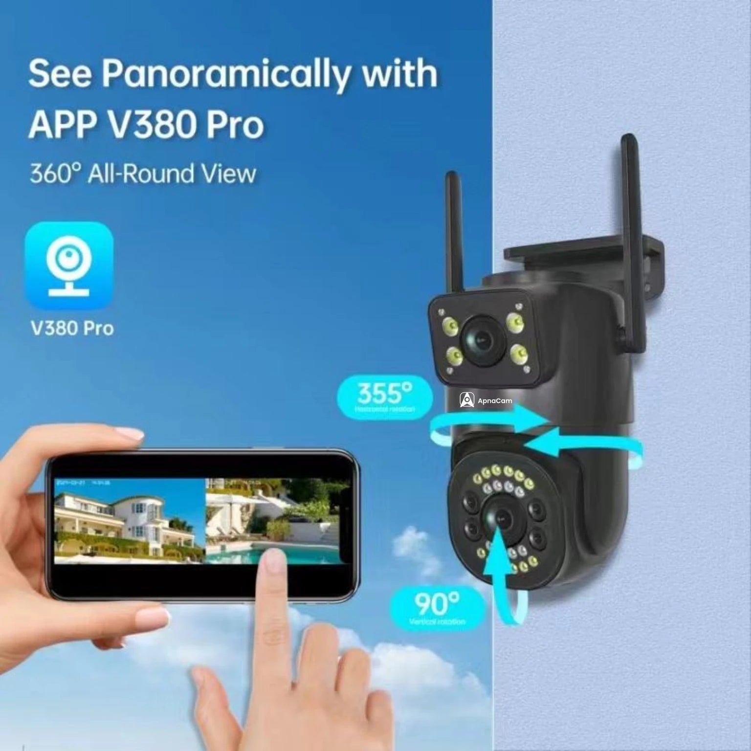 ApnaCam NightEye Dual-Lens [XMP] WiFi PTZ Outdoor CCTV | AI Human Detection | Full-Color Night Vision | IP66 | V380 Pro