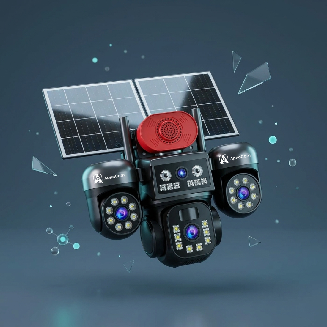 ApnaCam 3-Lens 4G SIM Solar PTZ Camera – 2K Split-Screen View, Dual Solar Panel + Battery Powered, Siren Horn Alarm, Color Night Vision, AI Human Tracking, Two-Way Talk, IP66 Waterproof | SD Card up to 128GB | Bijli-WiFi Ki Zaroorat Nahi
