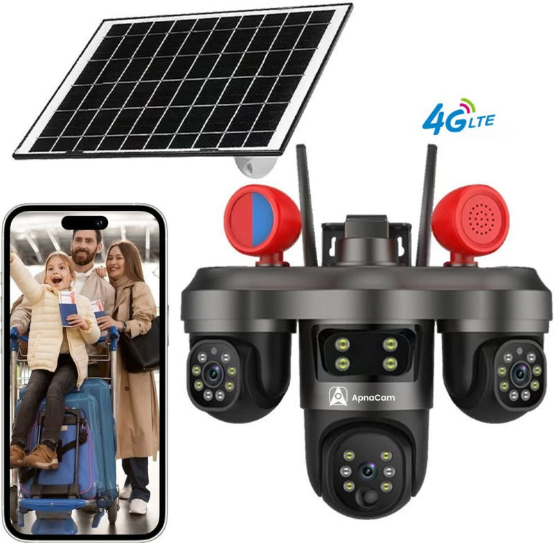 ApnaCam 8MP 4G Sim 3 Lens PTZ Camera 360°View Ai Tracking Waterproof Solar Powered Security Camera (128 GB, 3 Channel)