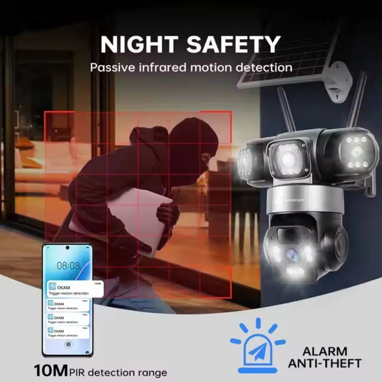 ApnaCam India's First 5G Solar Triple Lens PTZ CCTV Camera — 12MP×3 Lenses, 3-Screen View, AI Tracking, Color Night Vision, IP66 (12-Month Warranty)
