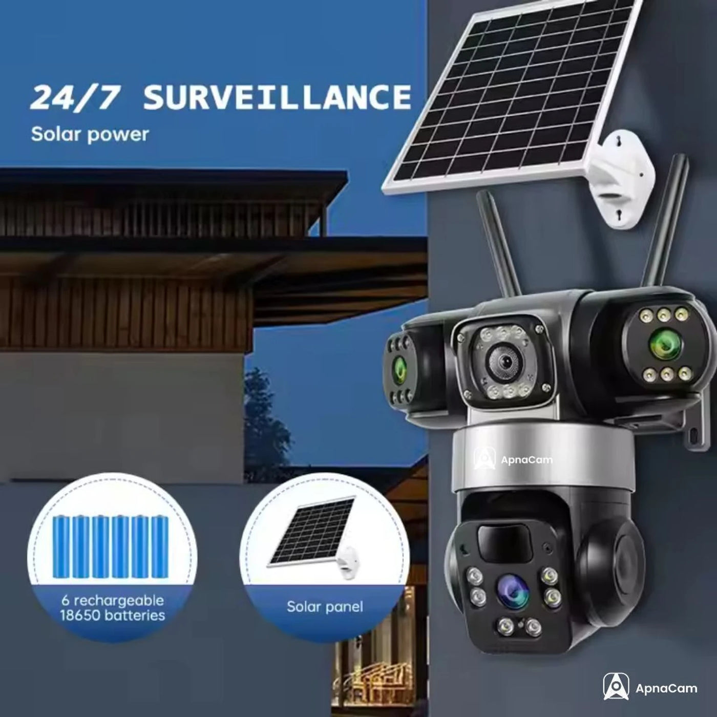 ApnaCam India's First 5G Solar Triple Lens PTZ CCTV Camera — 12MP×3 Lenses, 3-Screen View, AI Tracking, Color Night Vision, IP66 (12-Month Warranty)
