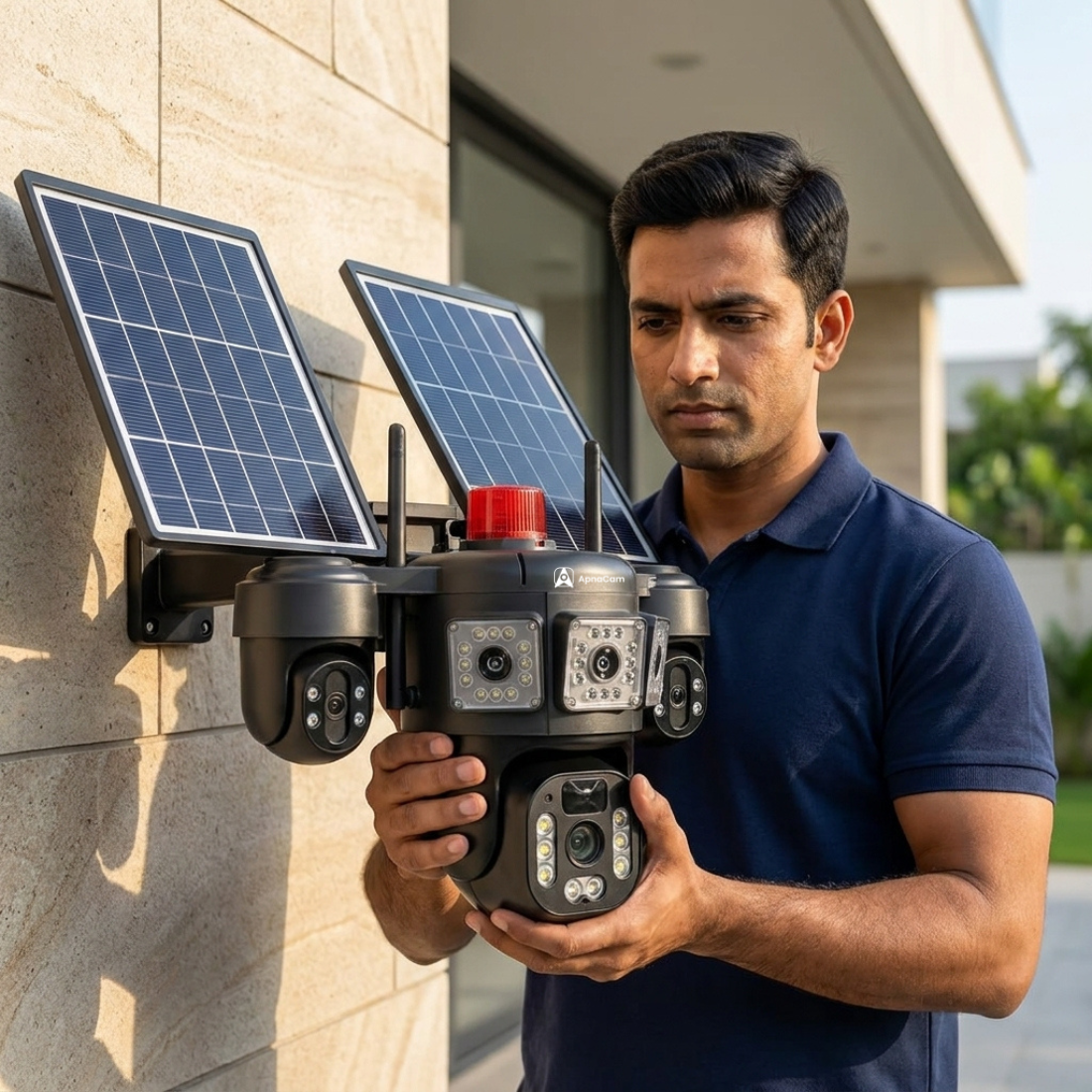 ApnaCam Brahmo Triple-Lens 8MP 4G Solar PTZ Outdoor Security Camera | Dual Solar Panel | Color Night Vision | Weatherproof | 256GB SD Support | V380 Pro App
