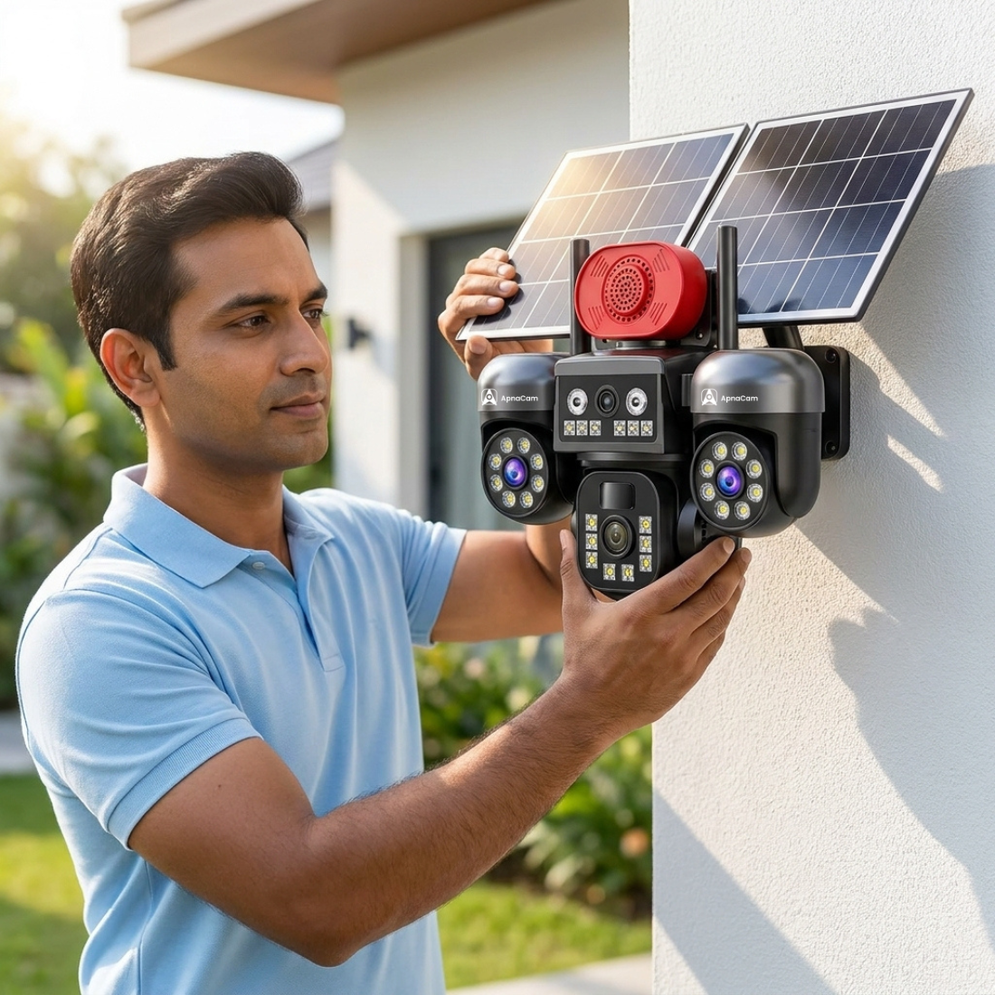 ApnaCam 3-Lens 4G SIM Solar PTZ Camera – 2K Split-Screen View, Dual Solar Panel + Battery Powered, Siren Horn Alarm, Color Night Vision, AI Human Tracking, Two-Way Talk, IP66 Waterproof | SD Card up to 128GB | Bijli-WiFi Ki Zaroorat Nahi