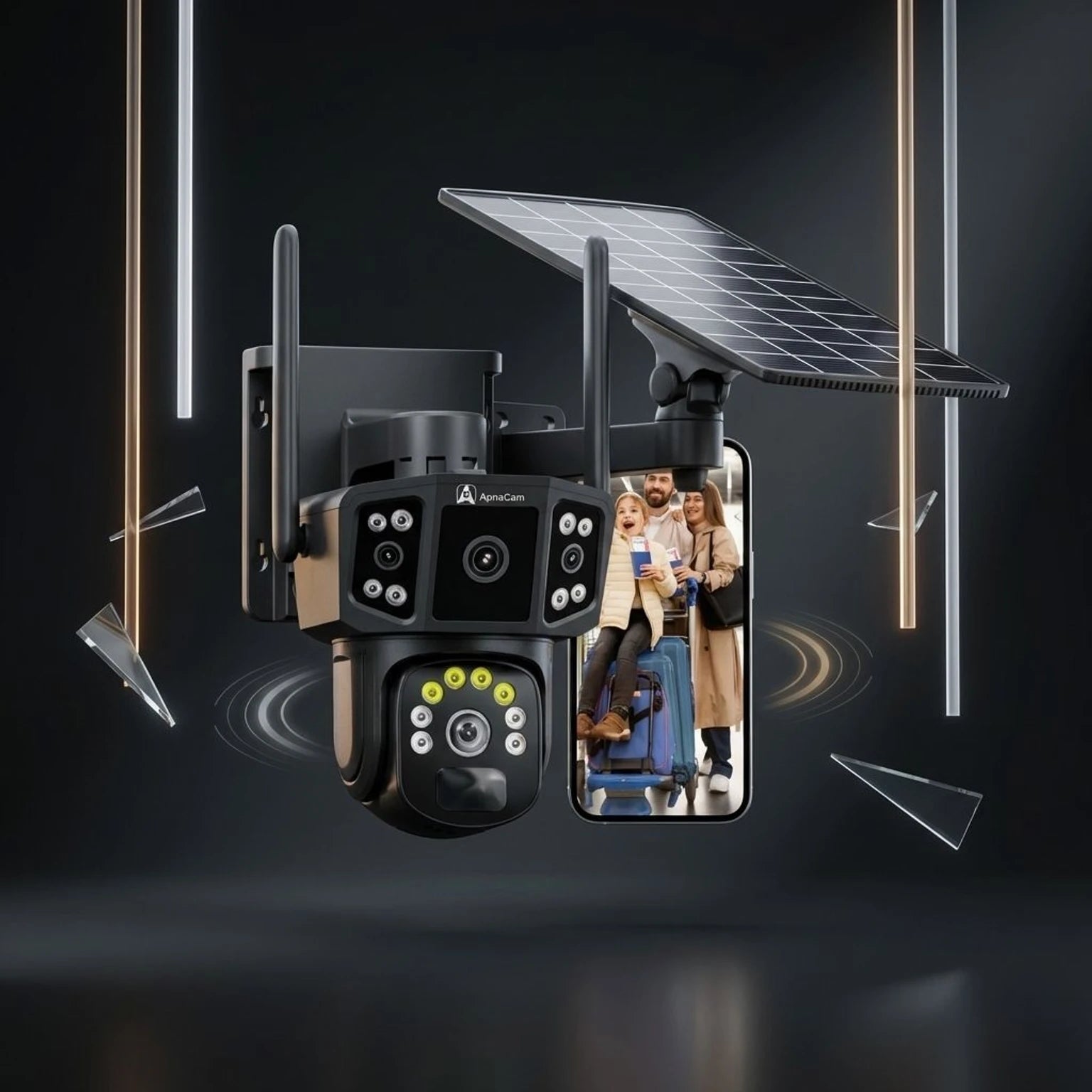 ApnaCam Dual-Lens [XMP] 4G Solar PTZ Outdoor CCTV | Full-Color Night Vision | No WiFi Needed | IP66 | Farm & Rural Property | V380 Pro
