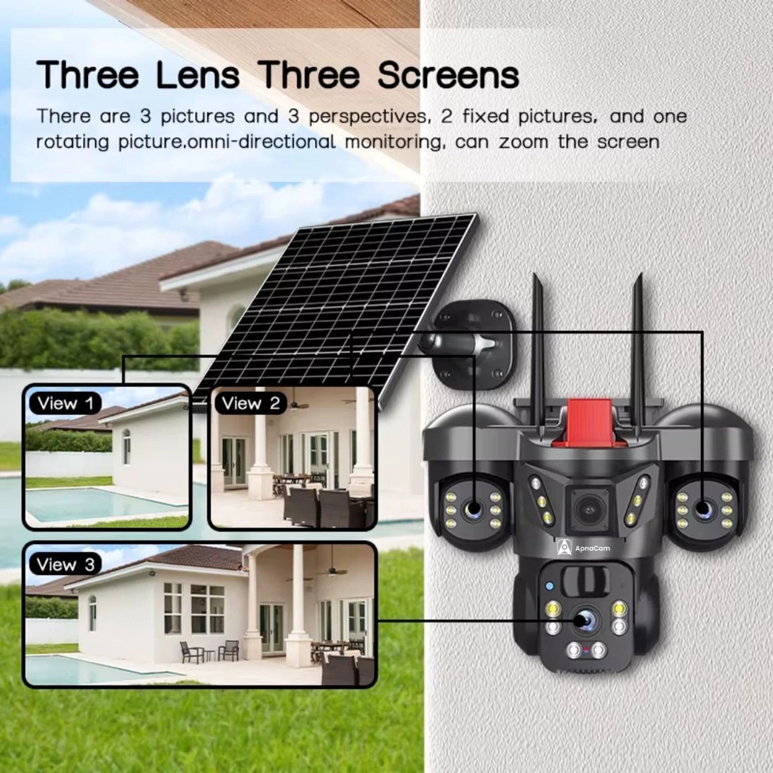 ApnaCam 8MP FHD 5G Sim Based Solar Triple Lens Battery Power 360° View Outdoor CCTV Security Camera (128 GB, 4 Channel)