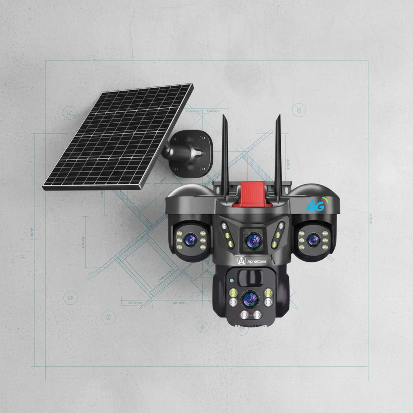 ApnaCam 8MP FHD 5G Sim Based Solar Triple Lens Battery Power 360° View Outdoor CCTV Security Camera (128 GB, 4 Channel)