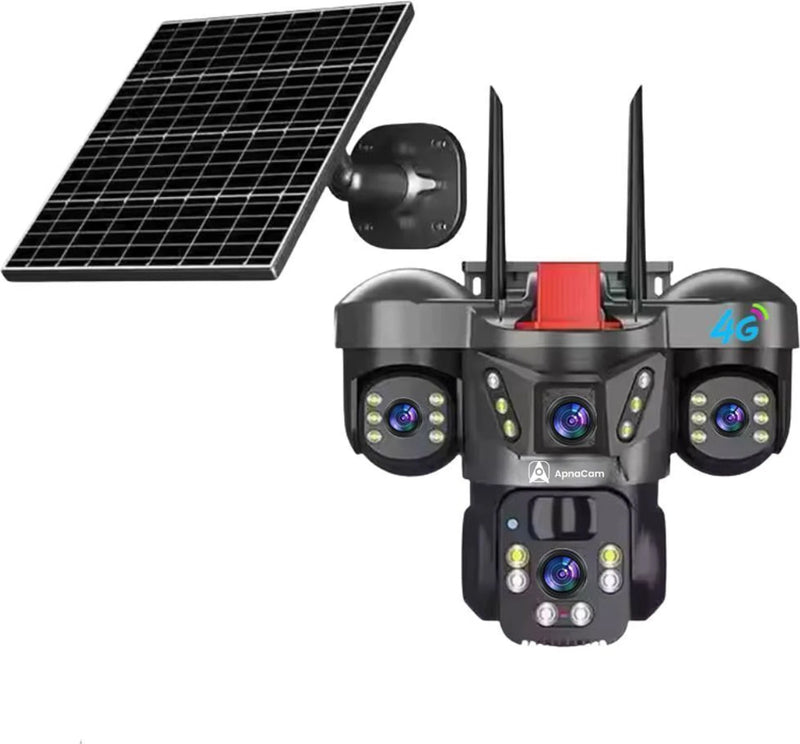 ApnaCam 8MP FHD 5G Sim Based Solar Triple Lens Battery Power 360° View Outdoor CCTV Security Camera (128 GB, 4 Channel)