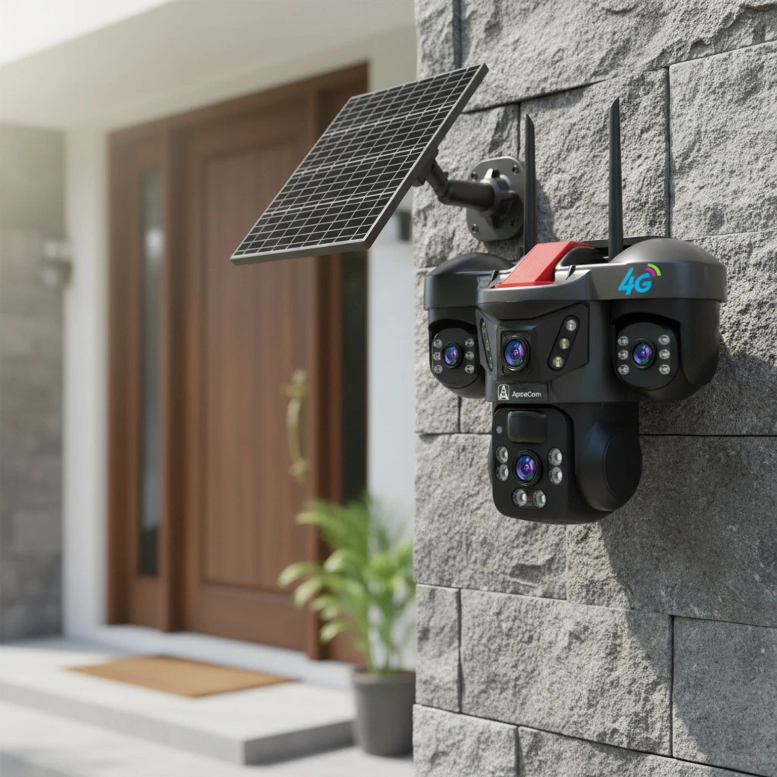 ApnaCam 8MP FHD 5G Sim Based Solar Triple Lens Battery Power 360° View Outdoor CCTV Security Camera (128 GB, 4 Channel)