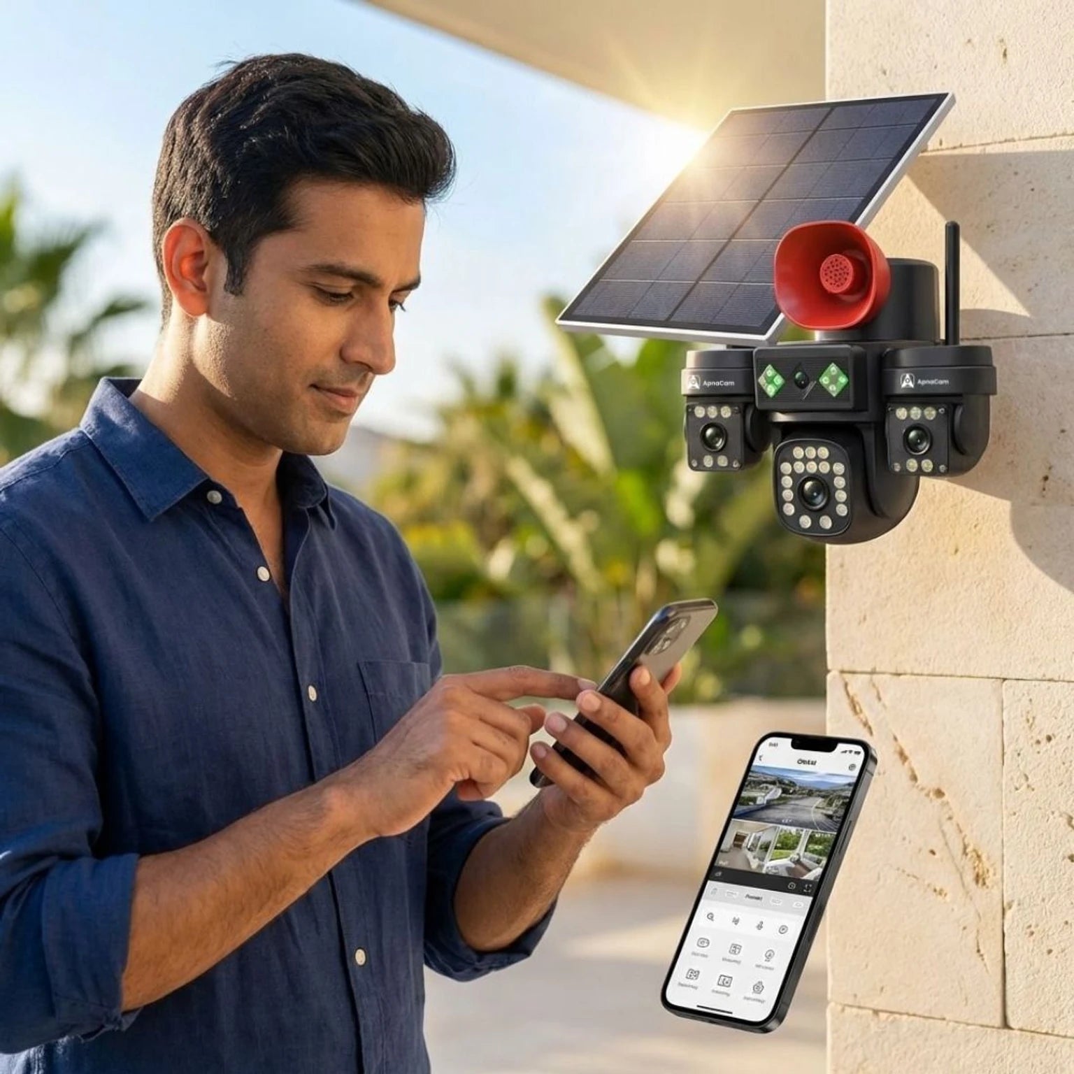 ApnaCam 5+5+5+5 MP FHD 4G Solar DJ Quad Lens Battery Power 360° View Outdoor CCTV Security Camera (SD Card Support Upto 128 GB, 4 Channel)