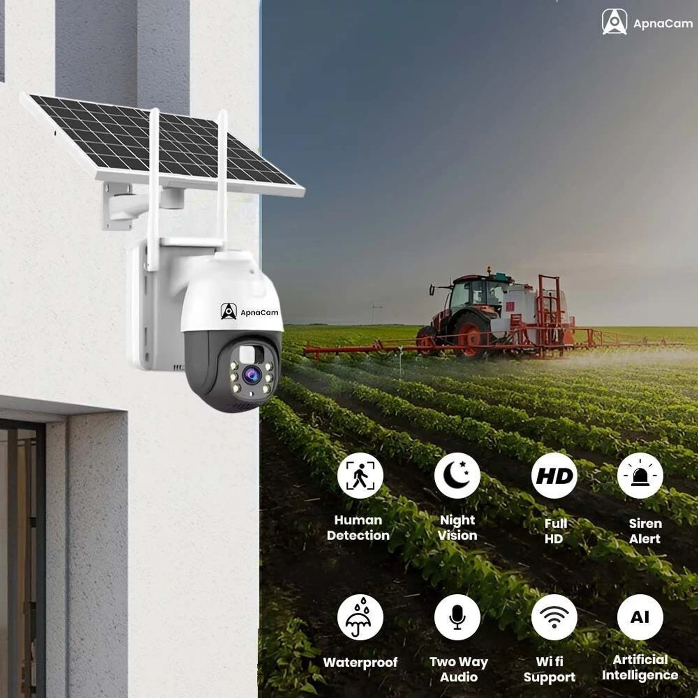ApnaCam Solar 4G PTZ Outdoor CCTV | FHD | 350° Coverage | Full-Color Night Vision | No WiFi Needed | IP66 | V380 Pro