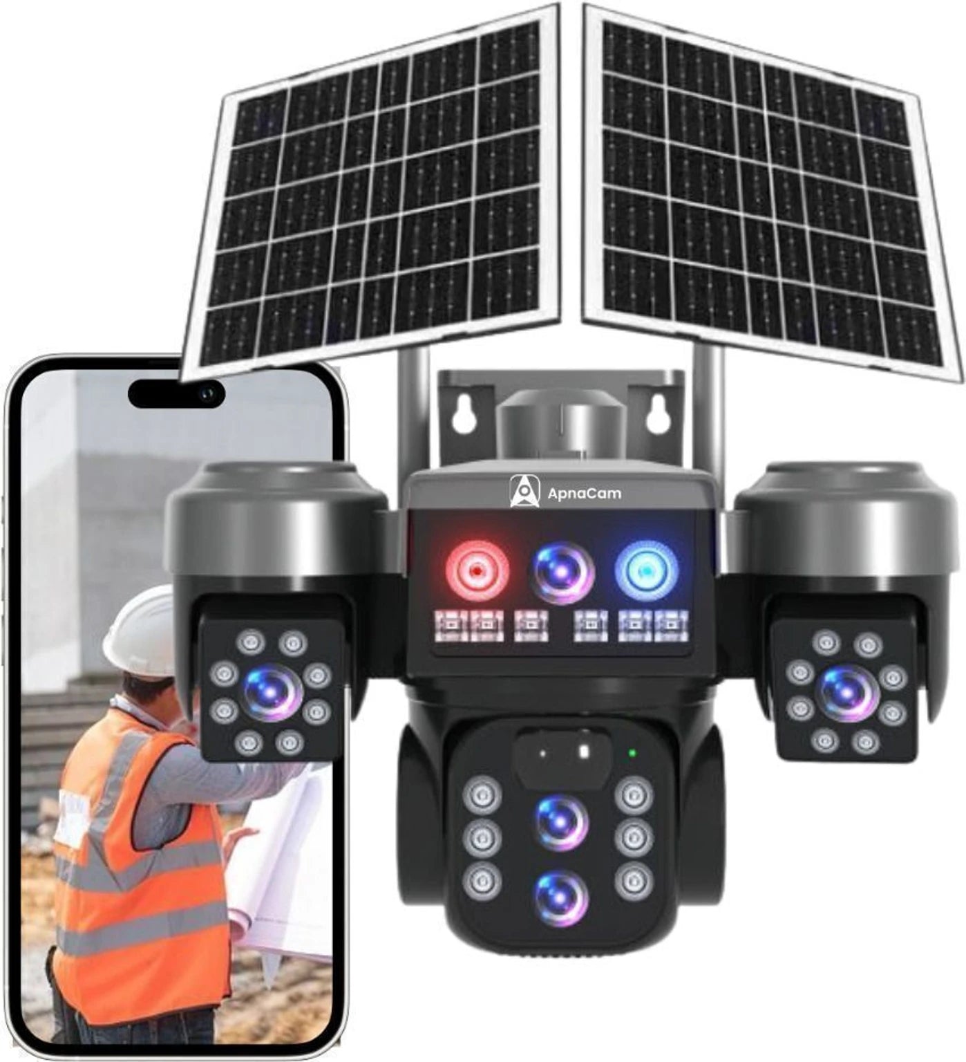 ApnaCam 4G Solar Triple Lens PTZ CCTV Camera — 8MP×3 Lenses, Dual Solar Panel, LED Floodlight, Color Night Vision, 30m Range (No WiFi Outdoor)