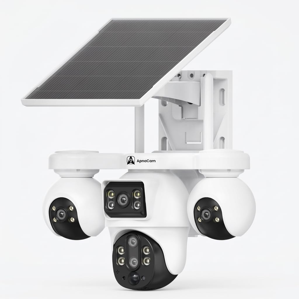 ApnaCam 4 Lens 4G Solar PTZ CCTV Camera — 12MP Per Lens, AI Auto-Tracking, Color Night Vision, Siren Alarm (No WiFi, IP66 Outdoor)