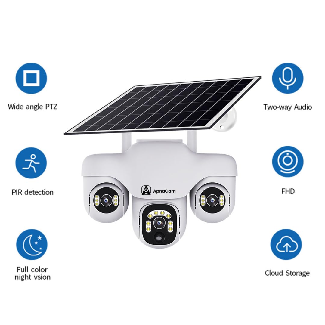 ApnaCam 6MP 4G Solar Outdoor PTZ Security Camera | Triple Lens 360° View, Night Vision, Motion Detection, Two-Way Audio, IP66 Waterproof | No WiFi, No Electricity Needed - ApnaCam