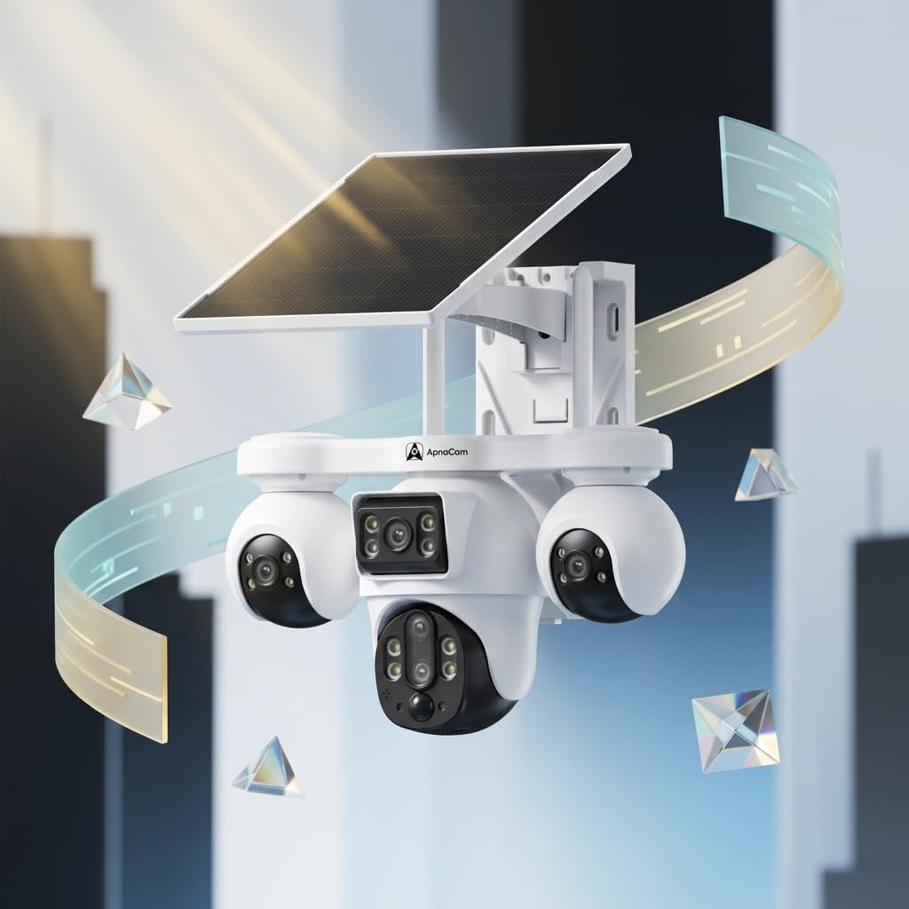 ApnaCam 4 Lens 4G Solar PTZ CCTV Camera — 12MP Per Lens, AI Auto-Tracking, Color Night Vision, Siren Alarm (No WiFi, IP66 Outdoor)