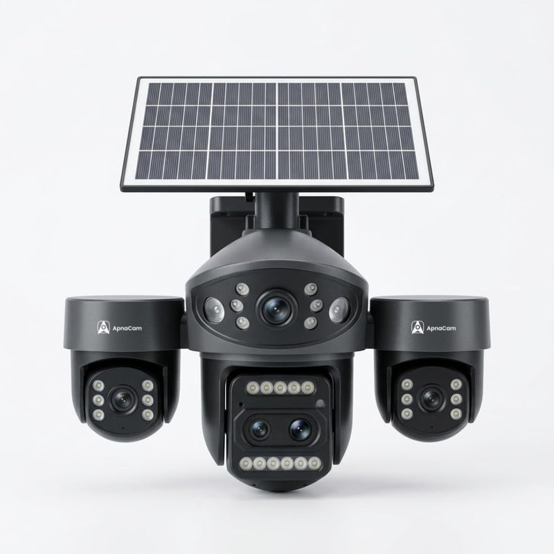 ApnaCam Quad Lens 4G Solar PTZ CCTV Camera — 5MP, 4-Screen View, LED Floodlight, Color Night Vision, AI Detection (No WiFi Outdoor Security)