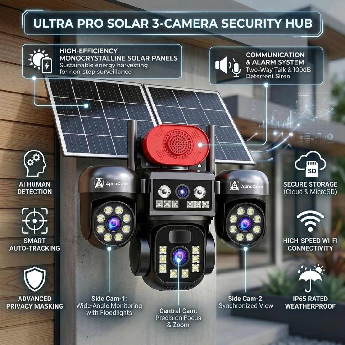 ApnaCam 3-Lens 4G SIM Solar PTZ Camera – 2K Split-Screen View, Dual Solar Panel + Battery Powered, Siren Horn Alarm, Color Night Vision, AI Human Tracking, Two-Way Talk, IP66 Waterproof | SD Card up to 128GB | Bijli-WiFi Ki Zaroorat Nahi