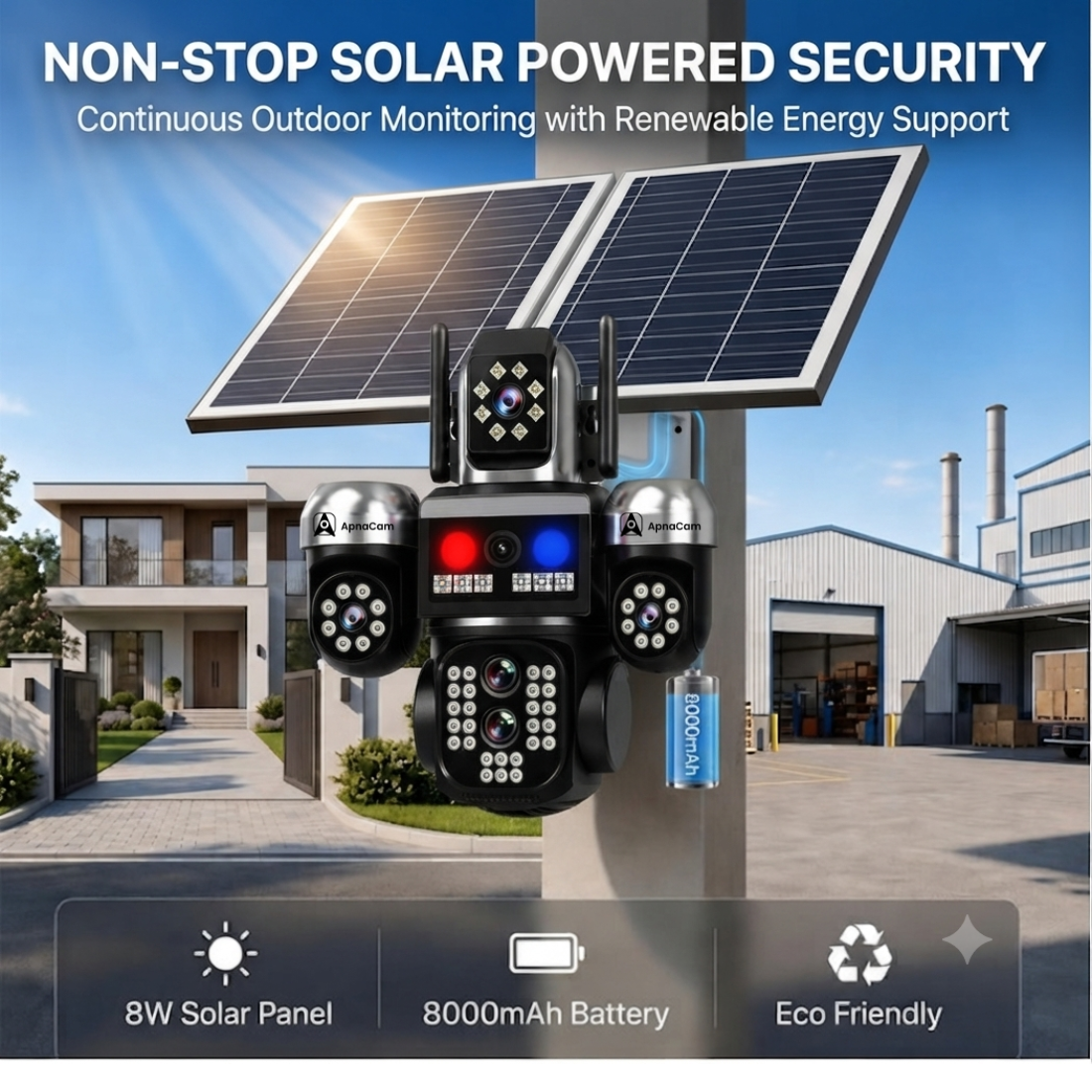 ApnaCam Flash Cop 8MP 4G SIM Triple Lens Solar PTZ Camera | 355° AI Human Tracking, Dual Solar Panel, Color Night Vision, 3-Channel View, IP66, SD Card up to 128GB