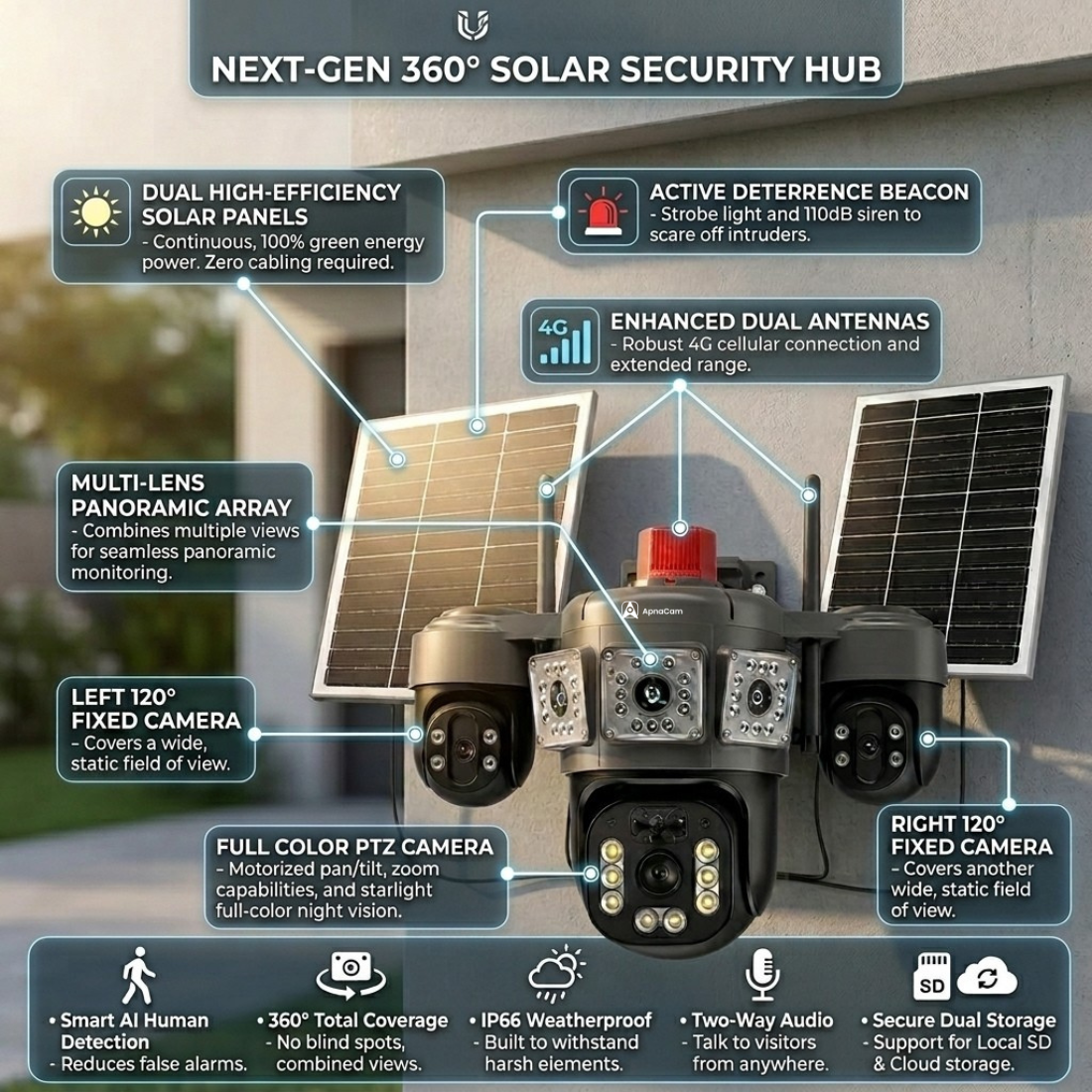 ApnaCam Brahmo Triple-Lens 8MP 4G Solar PTZ Outdoor Security Camera | Dual Solar Panel | Color Night Vision | Weatherproof | 256GB SD Support | V380 Pro App