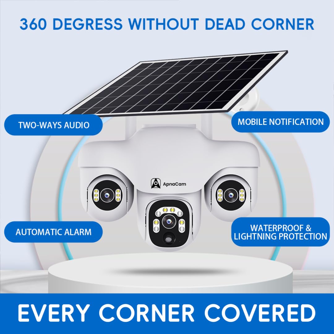 ApnaCam 6MP 4G Solar Outdoor PTZ Security Camera | Triple Lens 360° View, Night Vision, Motion Detection, Two-Way Audio, IP66 Waterproof | No WiFi, No Electricity Needed - ApnaCam