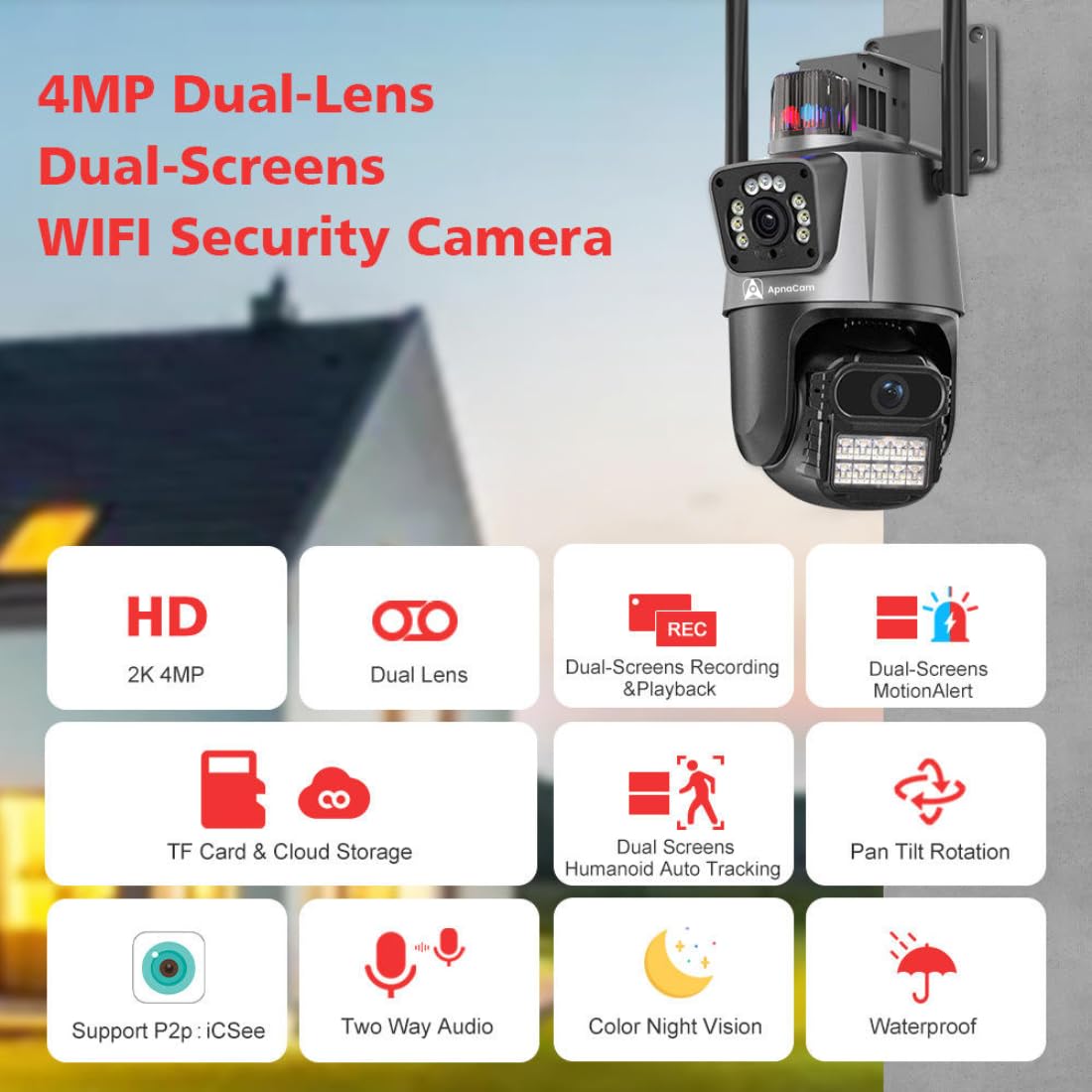 ApnaCam Dual Lens WiFi Outdoor CCTV Camera — 4+4MP (8MP), Bullet + PTZ Combo, Dual View, Night Vision, 2-Way Audio (Home & Shop Security)