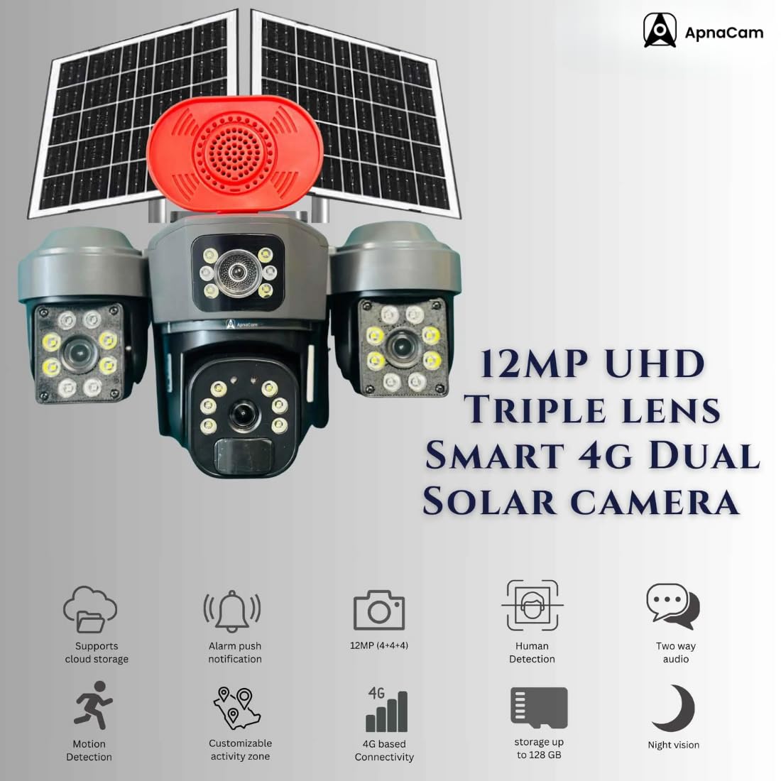 ApnaCam 4G Solar PTZ Outdoor Security Camera | Triple Lens, Full Color Night Vision, Motion Detection, Two-Way Audio, IP66 Waterproof | No WiFi, No Electricity Needed - ApnaCam