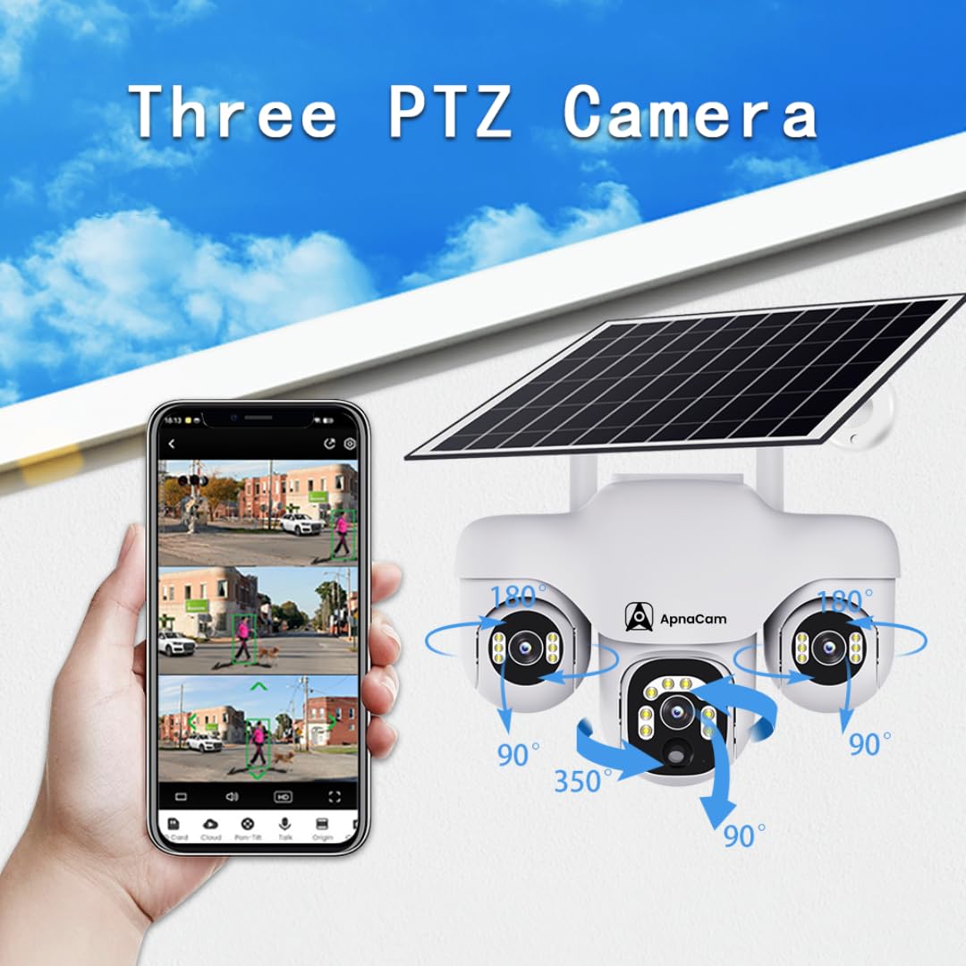 ApnaCam 6MP 4G Solar Outdoor PTZ Security Camera | Triple Lens 360° View, Night Vision, Motion Detection, Two-Way Audio, IP66 Waterproof | No WiFi, No Electricity Needed - ApnaCam