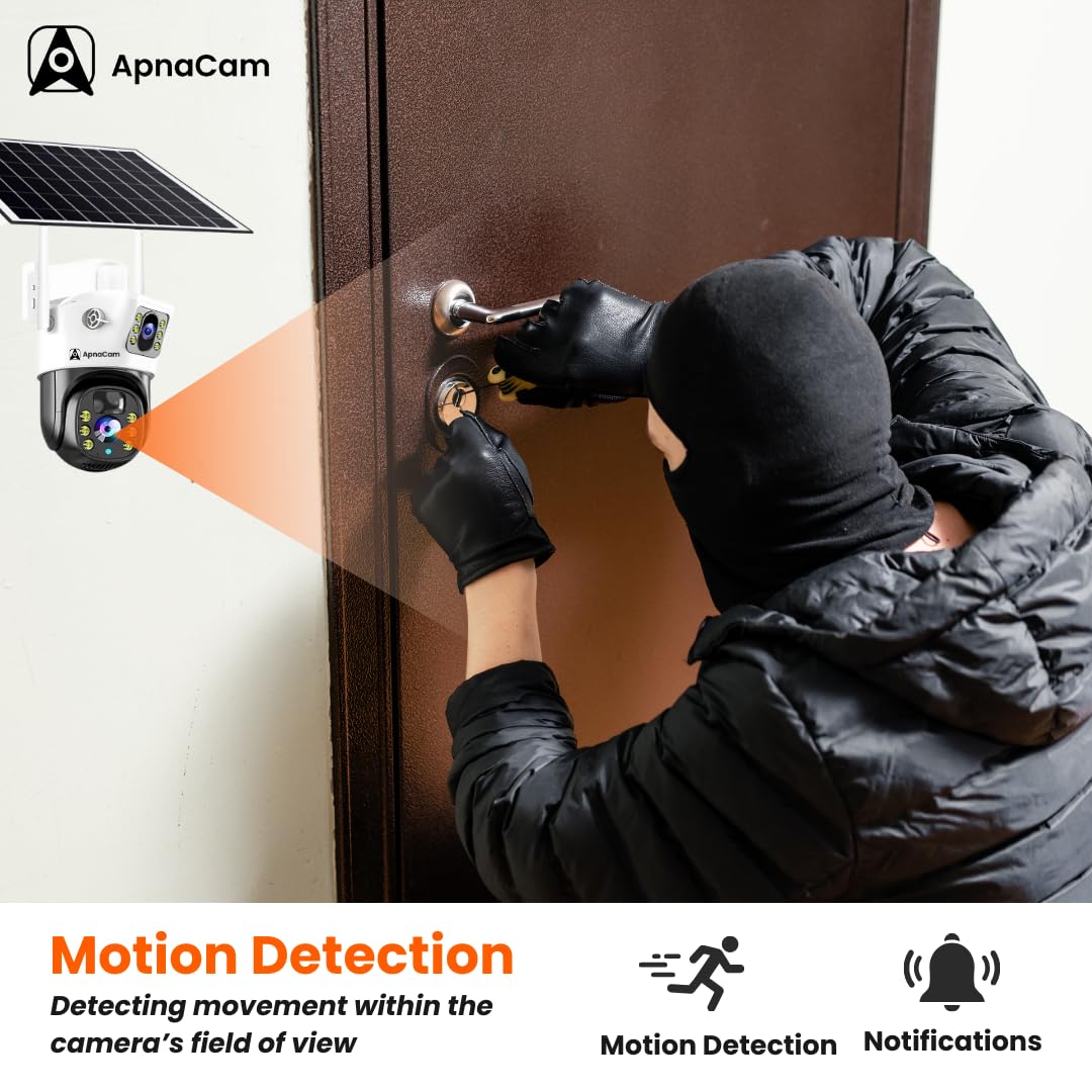 ApnaCam 5MP 4G Solar Dual Lens PTZ Camera | 7W Panel, PIR + Radar Motion, Full Color Night Vision, Two-Way Audio, IP65 Waterproof | No WiFi, No Electricity Needed - ApnaCam