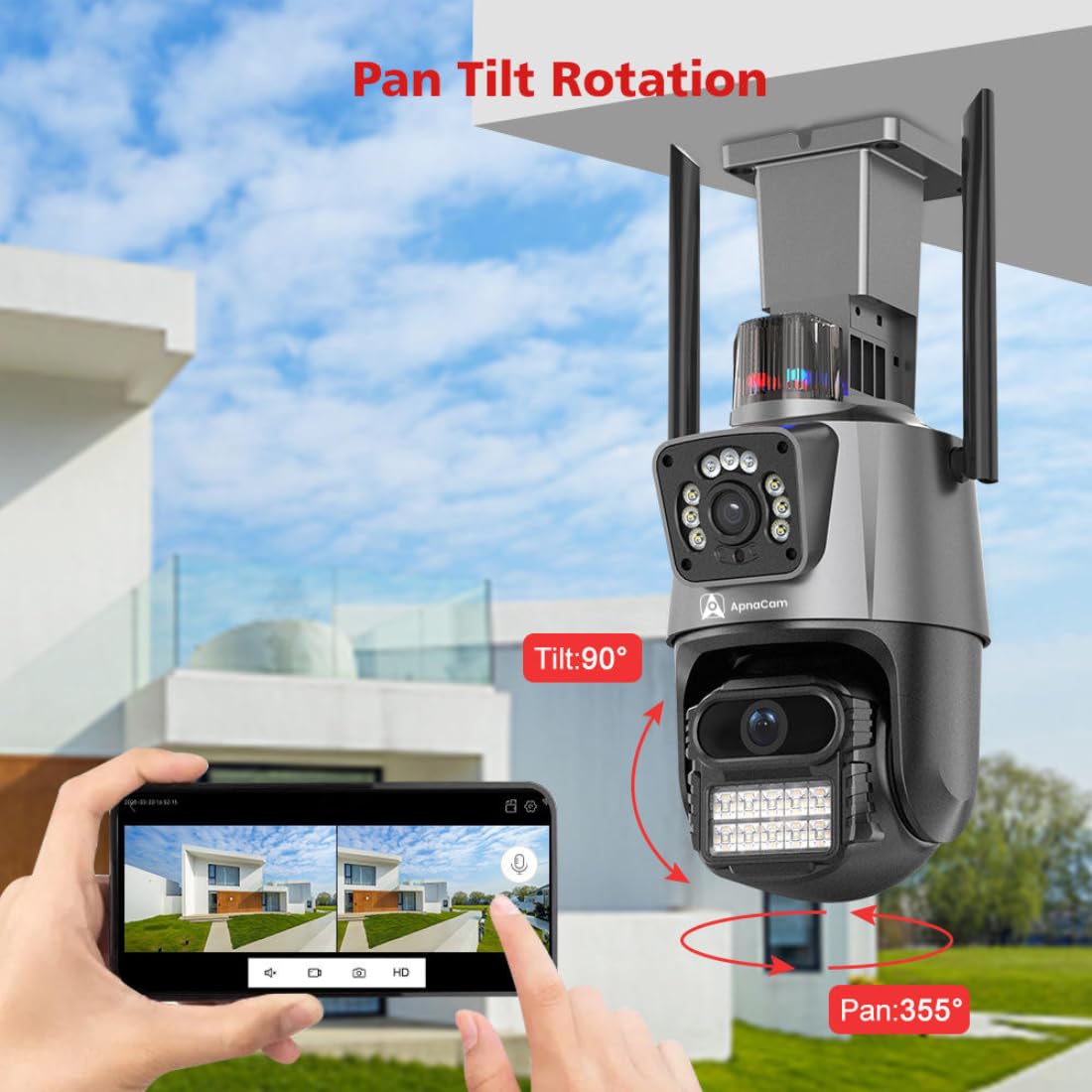 ApnaCam Dual Lens WiFi Outdoor CCTV Camera — 4+4MP (8MP), Bullet + PTZ Combo, Dual View, Night Vision, 2-Way Audio (Home & Shop Security)