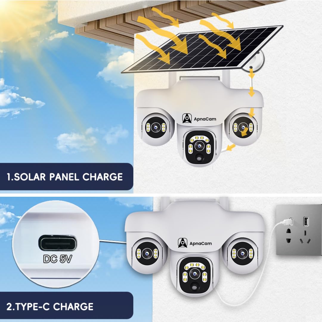 ApnaCam 6MP 4G Solar Outdoor PTZ Security Camera | Triple Lens 360° View, Night Vision, Motion Detection, Two-Way Audio, IP66 Waterproof | No WiFi, No Electricity Needed - ApnaCam