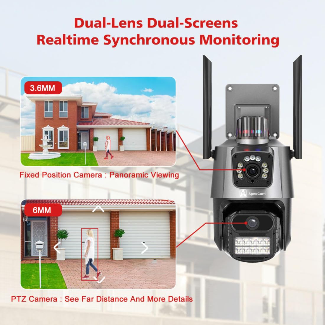 ApnaCam Dual Lens WiFi Outdoor CCTV Camera — 4+4MP (8MP), Bullet + PTZ Combo, Dual View, Night Vision, 2-Way Audio (Home & Shop Security)