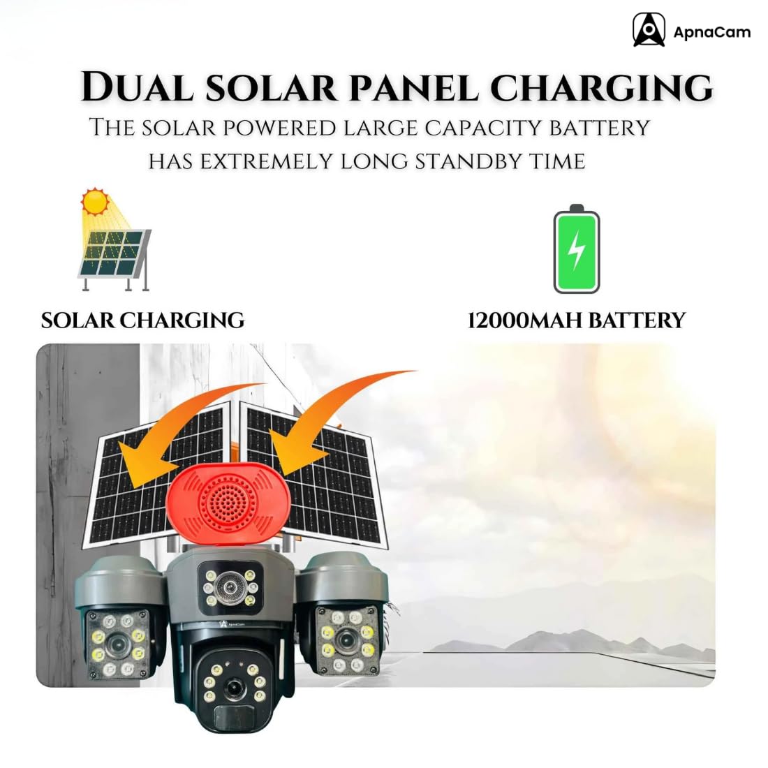 ApnaCam 4G Solar PTZ Outdoor Security Camera | Triple Lens, Full Color Night Vision, Motion Detection, Two-Way Audio, IP66 Waterproof | No WiFi, No Electricity Needed - ApnaCam