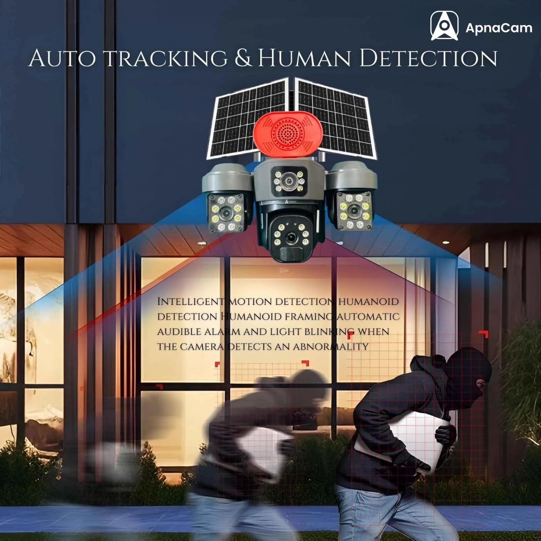 ApnaCam 4G Solar PTZ Outdoor Security Camera | Triple Lens, Full Color Night Vision, Motion Detection, Two-Way Audio, IP66 Waterproof | No WiFi, No Electricity Needed - ApnaCam