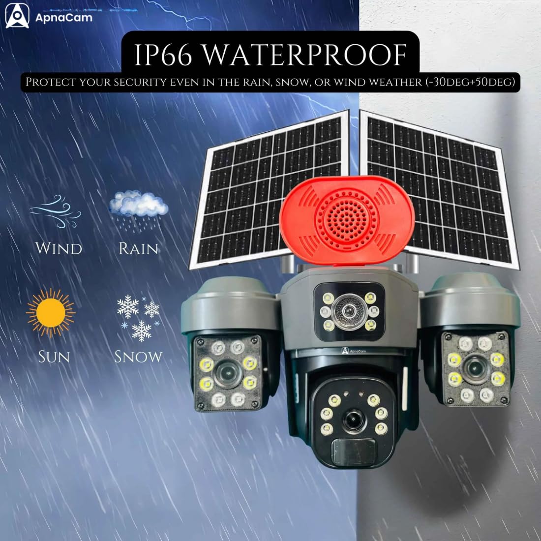 ApnaCam 4G Solar PTZ Outdoor Security Camera | Triple Lens, Full Color Night Vision, Motion Detection, Two-Way Audio, IP66 Waterproof | No WiFi, No Electricity Needed - ApnaCam