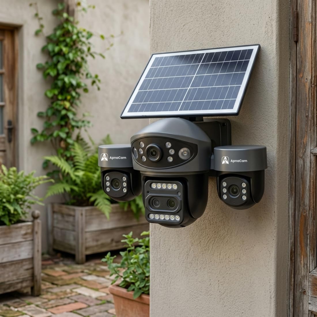 ApnaCam Quad Lens 4G Solar PTZ CCTV Camera — 5MP, 4-Screen View, LED Floodlight, Color Night Vision, AI Detection (No WiFi Outdoor Security)