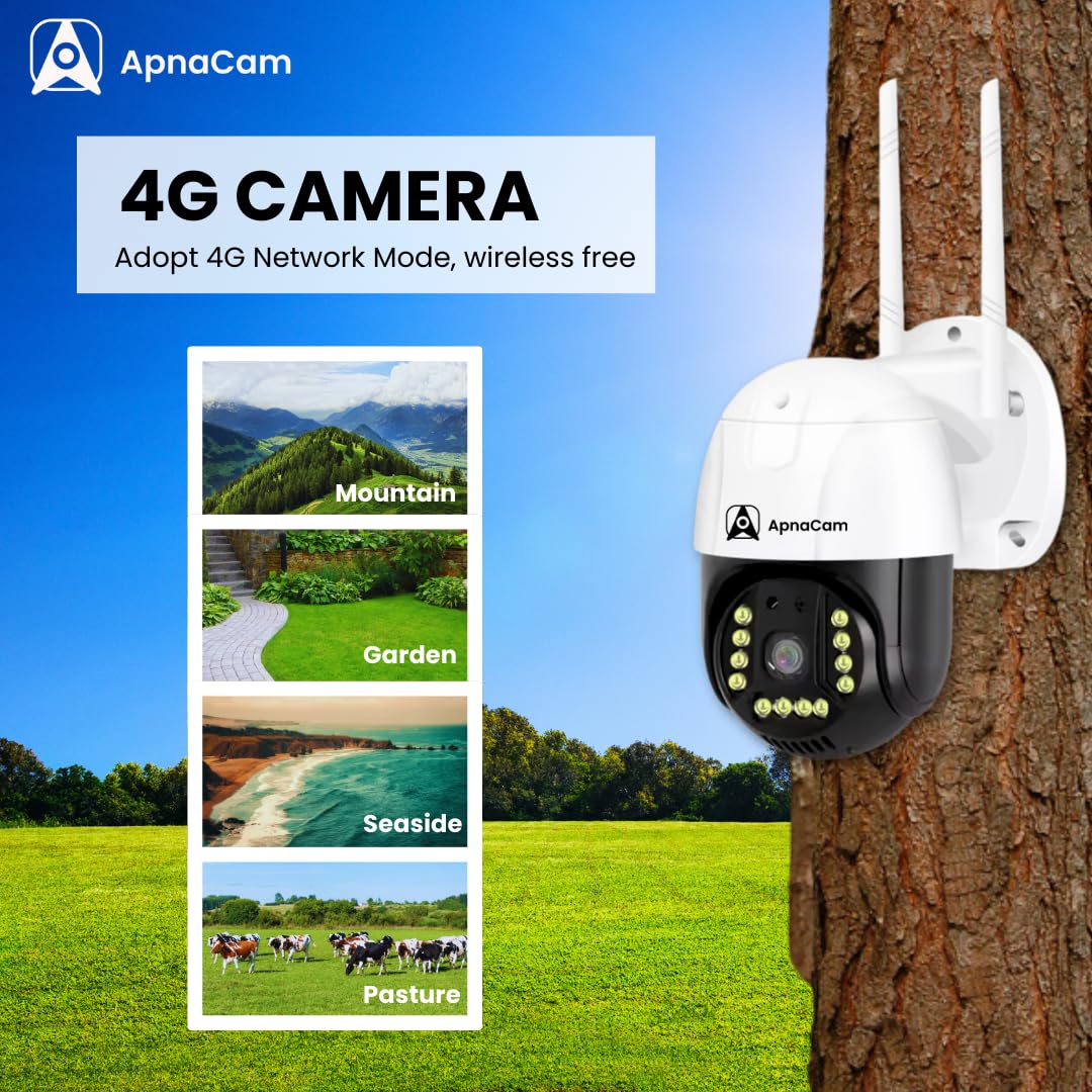 ApnaCam 4MP 4G SIM PTZ Outdoor Security Camera – 360° Pan Tilt, Full Color Night Vision, Motion Tracking, Two-Way Audio, IP66 Waterproof CCTV | No WiFi Needed - ApnaCam