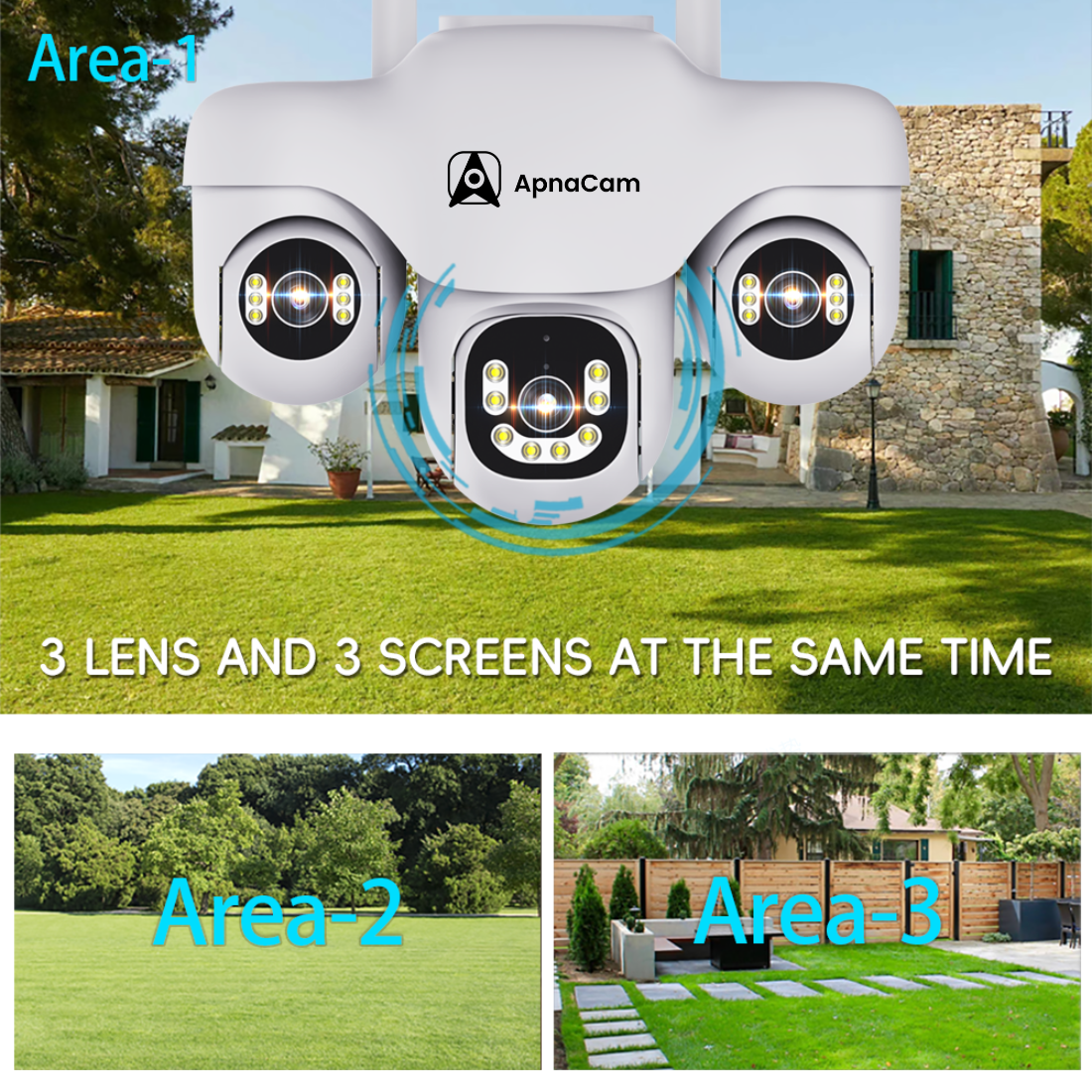 ApnaCam Marine Triple-Lens 4MP QHD WiFi PTZ Security Camera | Live Split-Screen | 3-Zone Simultaneous View | AI Human Detection | Color Night Vision | IP66 Weatherproof