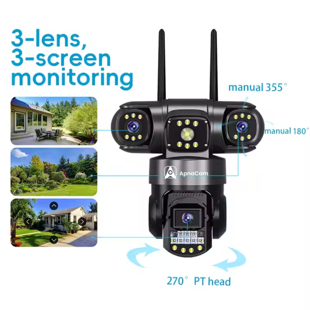 ApnaCam 4G Triple Lens PTZ + Bullet Combo CCTV Camera — 8MP Main + 2×5MP, 5X Zoom, Color Night Vision, AI Detection (No WiFi Outdoor Security)