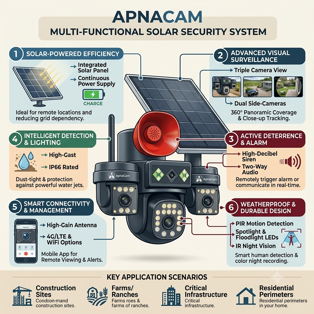 ApnaCam 5+5+5+5 MP FHD 4G Solar DJ Quad Lens Battery Power 360° View Outdoor CCTV Security Camera (SD Card Support Upto 128 GB, 4 Channel)
